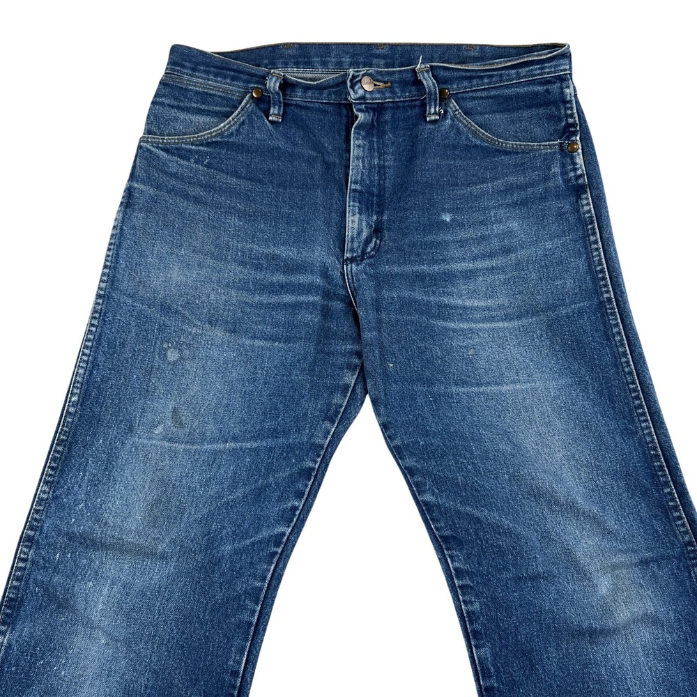 VTG Wrangler 13mwz Jeans 34x31 Mens Denim Whisker Fade Made USA Blue Cowboy Cut